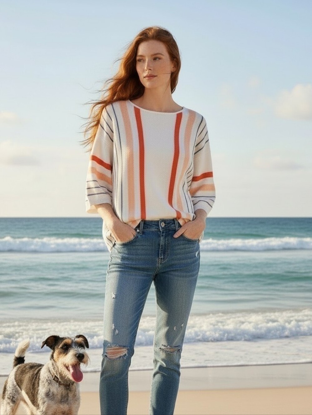 Tribal Jeans Striped White Beachy Boho Top, Peach/Orange/Blue Stripes, M